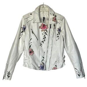 Faux Vegan Leather White Floral Embroidered Studded Zip Biker Moto Jacket